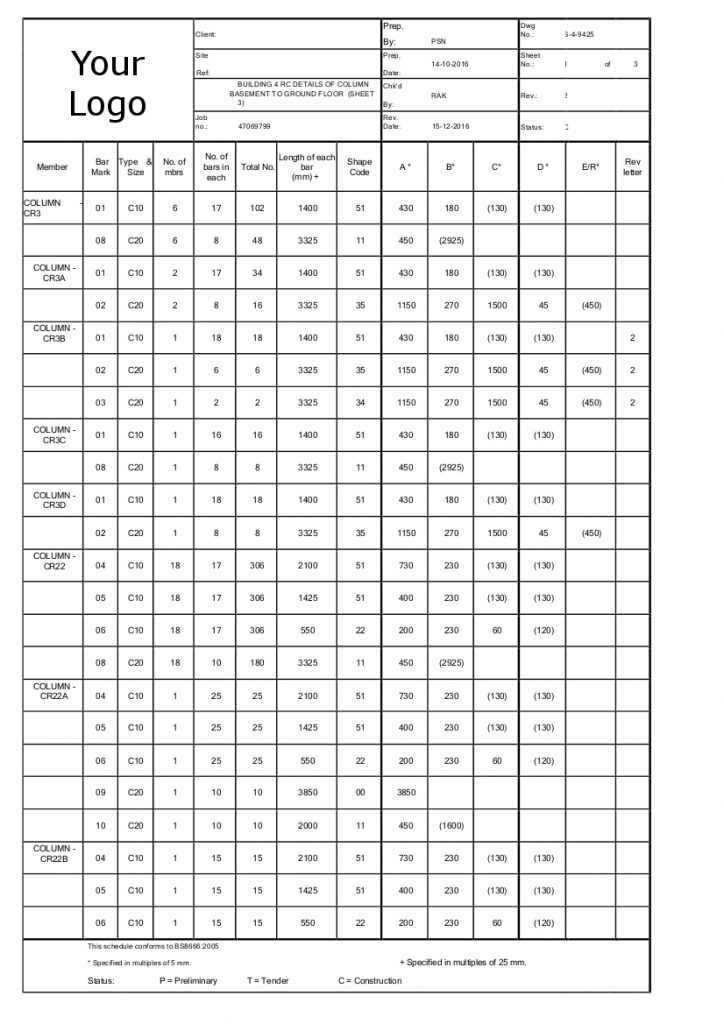 Example bar bending schedule